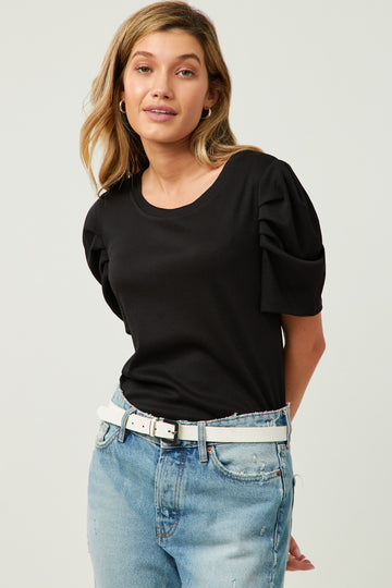 HY5675 Red Womens Ribbed Pleated Shoulder Puff Sleeve Top Front